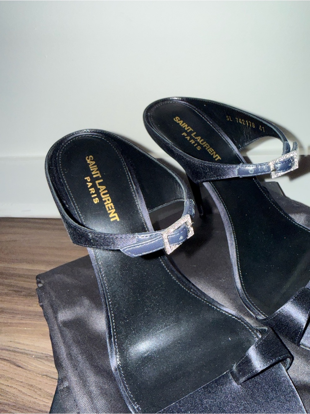 Saint Laurent Black Satin Knotted Slide Heels with Crystal Buckle - Picture 2 of 3